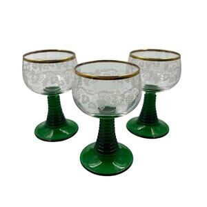 Vintage VCA Etched Cordial Glasses Set 3 Green Ribbed Stem MCM Bar Cart Gold Top